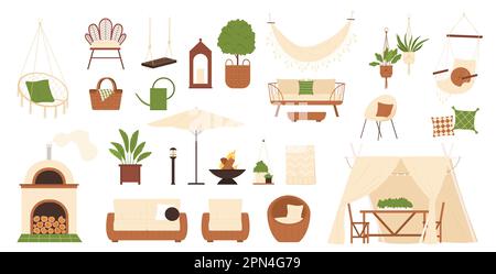 Garden furniture set vector illustration. Cartoon isolated outdoor swing and egg chair for porch, wooden luxury sofa with pillows and wicker armchair, gazebo table in backyard furnishing collection Stock Vector