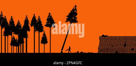 A man is seen clear cutting trees and stacking the firewood in a vector. Stock Vector