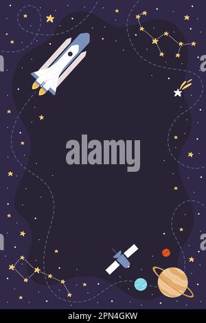 Cartoon spaceship flying in night sky to explore galaxy along route line, blue cosmos background with constellation pattern, planets solar system stars. Space exploration vertical vector illustration Stock Vector