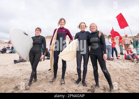 Gwithian Towans, UK. 16th Apr, 2023. A group of surfers prepare to paddle out on the Gwithian Towans beach, St Ives bay to protest of the planed adding of alkaline materials to the water off the bay. (Photo by Benjamin Gilbert/SOPA Images/Sipa USA) Credit: Sipa USA/Alamy Live News Stock Photo