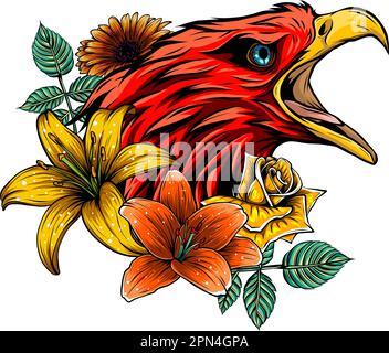 vector illustration of eagle head with flower on white background Stock Vector