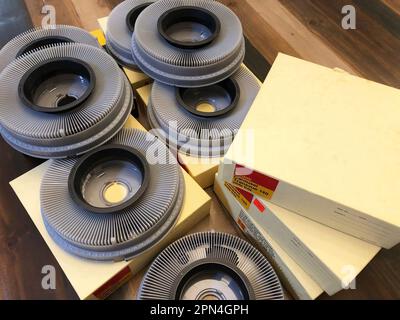 A collection of vntage Kodak Transvue 140 slide trays for projector. Stock Photo