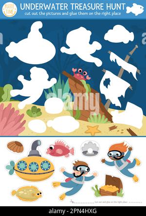 Vector under the sea cut and glue activity. Crafting game with cute water landscape, whale, dolphin. Underwater treasure hunt printable worksheet for Stock Vector