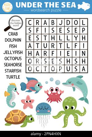 Vector under the sea word search puzzle for kids. Simple easy ocean life word search quiz for children. Water animals and fish educational activity wi Stock Vector
