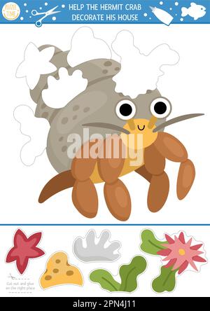 Vector under the sea cut and glue activity. Crafting game with cute water landscape, whale, dolphin. Underwater treasure hunt printable worksheet for Stock Vector