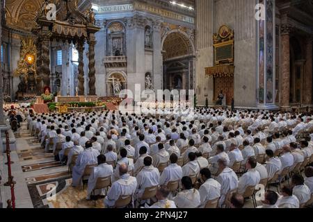 April 06, 2023 - Vatican: Pope Francis celebrates in St. Peter's Basilica the Mass of Chrism on the occasion of Holy Thursday of Easter Week. © Andrea Sabbadini Stock Photo