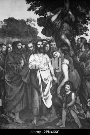 Jesus and Zacchaeus, bible, New Testament, Luke chapter 19, verses 1-10, historical Illustration 1890 Stock Photo