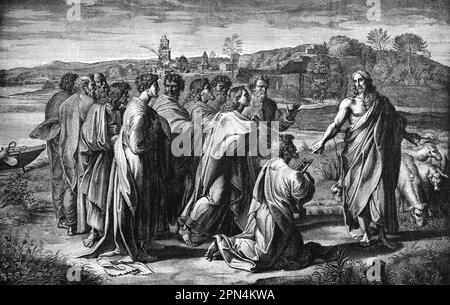 Feed my lambs, restoration of Peter,bible, New Testament, John chapter 21, verses 1-17, historical Illustration 1890 Stock Photo