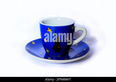 Small blue Espresso cup and matching saucer. Modern design. Stock Photo