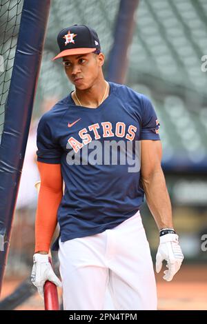 Houston Astros shortstop Jeremy Pena (3) during batting practice before the MLB game between the Texas Ranges and the Houston Astros on Friday, April Stock Photo