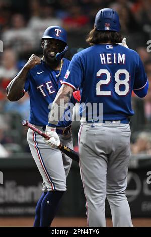 Texas Rangers catcher Jonah Heim (28) batting during the MLB game between  the Texas Ranges and the Houston Astros on Friday, April 14, 2023 at Minute  Stock Photo - Alamy