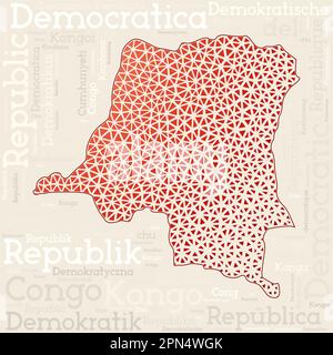 DR Congo map design. Country names in different languages and map shape with geometric low poly triangles. Cool vector illustration of DR Congo. Stock Vector