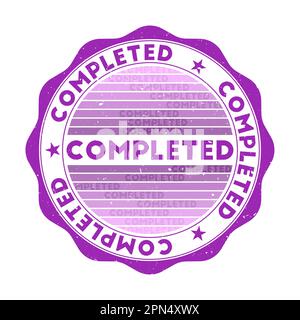 Completed badge. Grunge word round stamp with texture in Purple Ink color theme. Vintage style geometric completed seal with gradient stripes. Stock Vector