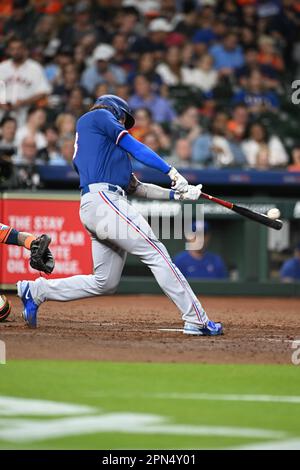 Houston, United States. 14th Apr, 2023. Texas Rangers center fielder Leody  Taveras (3) during the MLB game between the Texas Ranges and the Houston  Astros on Friday, April 14, 2023 at Minute