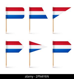 Realistic various Dutch toothpick flags. Souvenir from Netherlands. Wooden toothpicks with paper flag. Location mark, map pointer. Blank mockup for Stock Vector