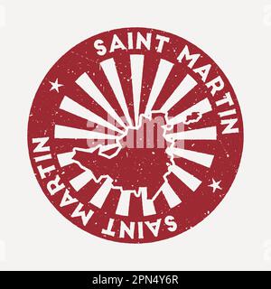 Saint Martin round rubber stamp with island map. Vintage red passport ...