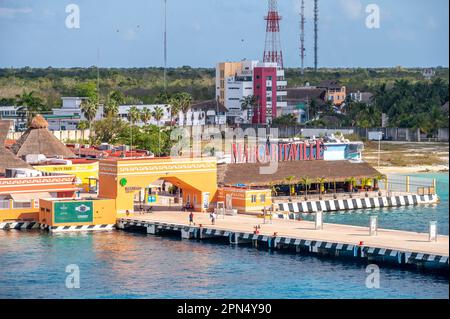 Cozumel, Mexico - April 4, 2023: View of the Cozumel skyline along the cruise port. Stock Photo