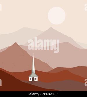 A little white church is seen a a mountain valley in a vector image. Stock Vector