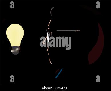 A light bulb shines on the face of man in an illustration about having an idea. Stock Vector