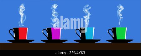 Four cups of coffee are seen lined up on saucers and steaming. Stock Vector