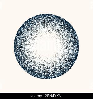 Round shaped dotted object, vintage stipple element. Fading gradient. Stippling, dotwork drawing, shading using dots. Halftone disintegration effect Stock Vector