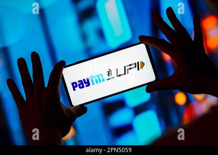 In this photo illustration, the Paytm logo is displayed on a smartphone screen. Stock Photo