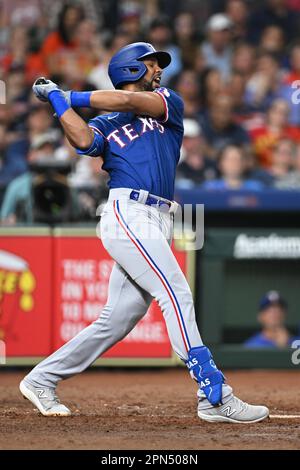 Texas Rangers center fielder Leody Taveras (3) batting during the MLB game  between the Texas Ranges and the Houston Astros on Friday, April 14, 2023 a  Stock Photo - Alamy