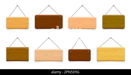 Wooden hanging signboards. Made of wood door sign for cafe, restaurant, bar or retail store. Announcement banner, information signage for business or Stock Vector