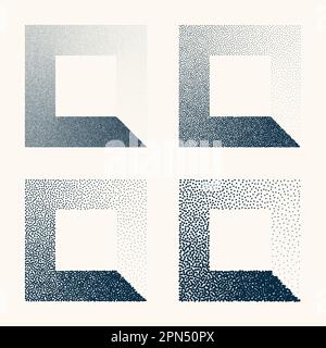 Square shaped dotted objects, vintage stipple elements. Stippling, dotwork drawing shading using dots. Halftone disintegration effect. White noise Stock Vector