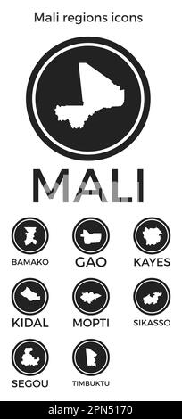 Mali regions icons. Black round logos with country regions maps and titles. Vector illustration. Stock Vector