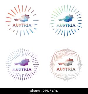 Austria low poly sunburst set. Logo of country in geometric polygonal style. Vector illustration. Stock Vector