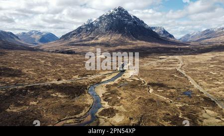 Buchaille Etive Mor - Glencoe Scotland, Panorama, Aerial, Drone, Background, Poster Photography - Scotland, Highlands, Stock Photo