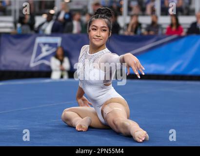 Fort Worth, TX, USA. 15th Apr, 2023. Florida's Victoria Nguyen competes on the floor exercise during the finals of the 2023 NCAA National Collegiate Women's Gymnastics Championships at Dickies Arena in Fort Worth, TX. Kyle Okita/CSM/Alamy Live News Stock Photo