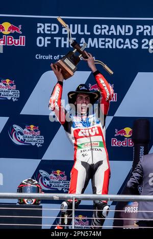 Texas, USA. 16th Apr, 2023. Alex Rins #42 with April Racing celebrates as he wins the Red Bull Grand Prix of the Americas at Circuit of the Americas in Austin Texas. Robert Backman/CSM/Alamy Live News Stock Photo