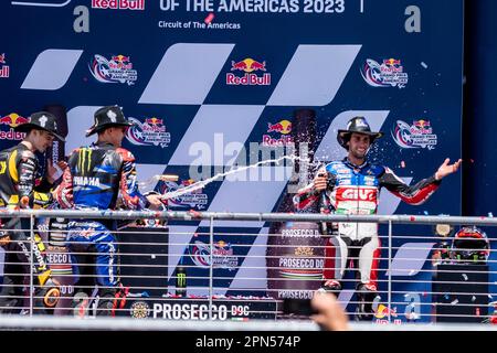 Texas, USA. 16th Apr, 2023. Alex Rins #42 with April Racing celebrates as he wins the Red Bull Grand Prix of the Americas at Circuit of the Americas in Austin Texas. Robert Backman/CSM/Alamy Live News Stock Photo