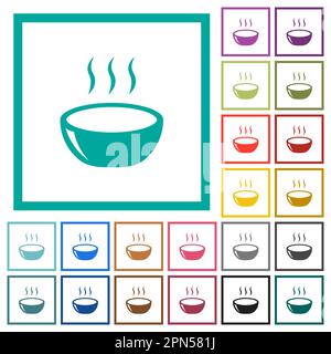 Glossy steaming bowl flat color icons with quadrant frames on white background Stock Vector