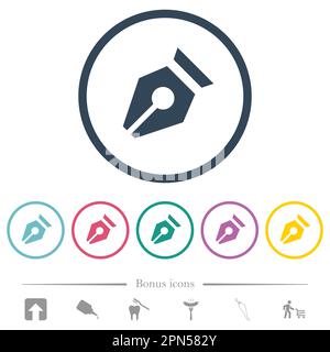 Nib solid flat color icons in round outlines. 6 bonus icons included. Stock Vector