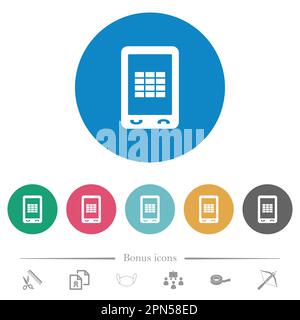 Mobile spreadsheet flat white icons on round color backgrounds. 6 bonus icons included. Stock Vector