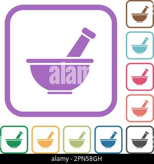 Mortar and pestle solid simple icons in color rounded square frames on white background Stock Vector