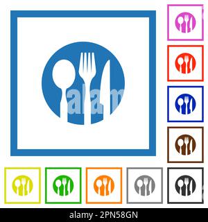 Tableware set solid flat color icons in square frames on white background Stock Vector