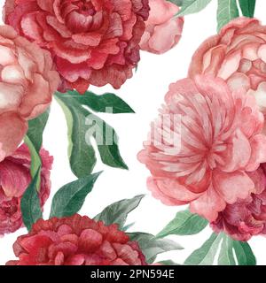 Seamless floral pattern with peonies on whitebackground, watercolor illustration. Template design for textiles, interior, clothes, wallpaper. Stock Vector