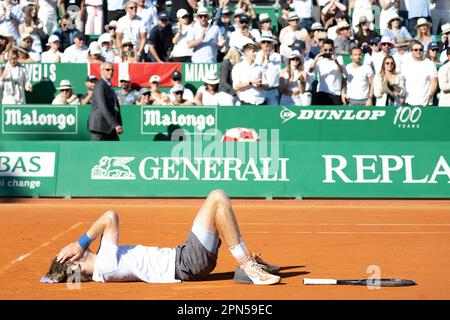 Monte Carlo, Monaco. 17th Apr, 2023. Russia's Andrey Rublev celebrates after winning the final Monte-Carlo ATP Masters Series tournament tennis match against Denmark's Holger Rune in Monte Carlo on April 16, 2023. Photo by David Niviere/ABACAPRESS.COM Credit: Abaca Press/Alamy Live News Stock Photo