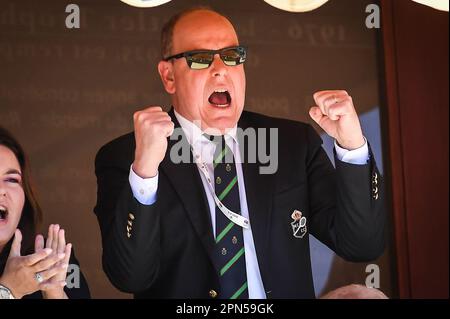 Roquebrune-Cap-Martin, France, France. 16th Apr, 2023. Prince Albert II of Monaco celebrates during the Day eight of Rolex Monte-Carlo Masters 2023, ATP Masters 1000 tennis tournament at Monte-Carlo Country Club on April 16, 2023 in Roquebrune-Cap-Martin, France. (Credit Image: © Matthieu Mirville/ZUMA Press Wire) EDITORIAL USAGE ONLY! Not for Commercial USAGE! Stock Photo