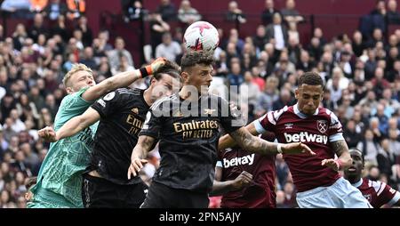 London, UK. 16th Apr, 2023. Aaron Ramsdale (Arsenal, goalkeeper) punches clear during the West Ham vs Arsenal Premier League match at the London Stadium Stratford. Credit: MARTIN DALTON/Alamy Live News Stock Photo