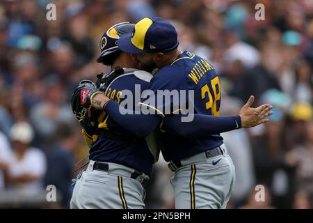 Milwaukee Brewers catcher William Contreras, left, congratulates relief  pitcher Devin Williams on his save after a victory over the San Diego  Padres, Sunday, April 16, 2023, in San Diego. (AP Photo/Brandon Sloter