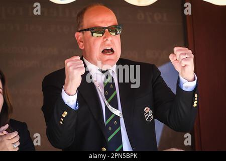 Prince Albert II of Monaco celebrates during the Rolex Monte-Carlo, ATP Masters 1000 tennis event on April 16, 2023 at Monte-Carlo Country Club in Roquebrune Cap Martin, France - Photo: Matthieu Mirville/DPPI/LiveMedia Stock Photo