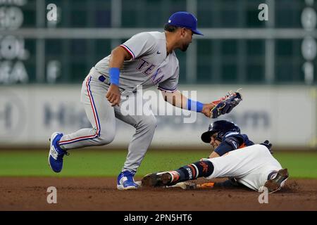 Houston Astros shortstop Jeremy Pena smiles while warming up with teammates  before a baseball game against the Texas Rangers, Friday, April 14, 2023,  in Houston. (AP Photo/Kevin M. Cox Stock Photo - Alamy