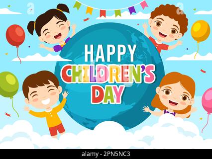 Happy Children Day Vector Illustration with Boy and Girl Kids in Toys on Background Flat Cartoon Hand Drawn for Web Banner or Landing Page Templates Stock Vector