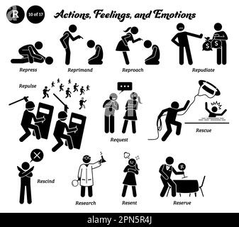 Stick figure human people man action, feelings, and emotions icons alphabet R. Repress, reprimand, reproach, repudiate, repulse, request, rescue, resc Stock Vector