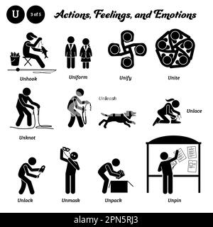 Stick figure human people man action, feelings, and emotions icons alphabet U. Unhook, uniform, unify, unite, unknot, unleash, unlace, unlock, unmask, Stock Vector